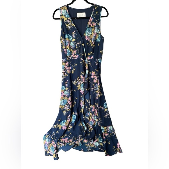 Charles Henry Sz Med Floral Ruffle Wrap Midi Dress Side Tie Sleeveles Navy NWOT - Picture 3 of 12